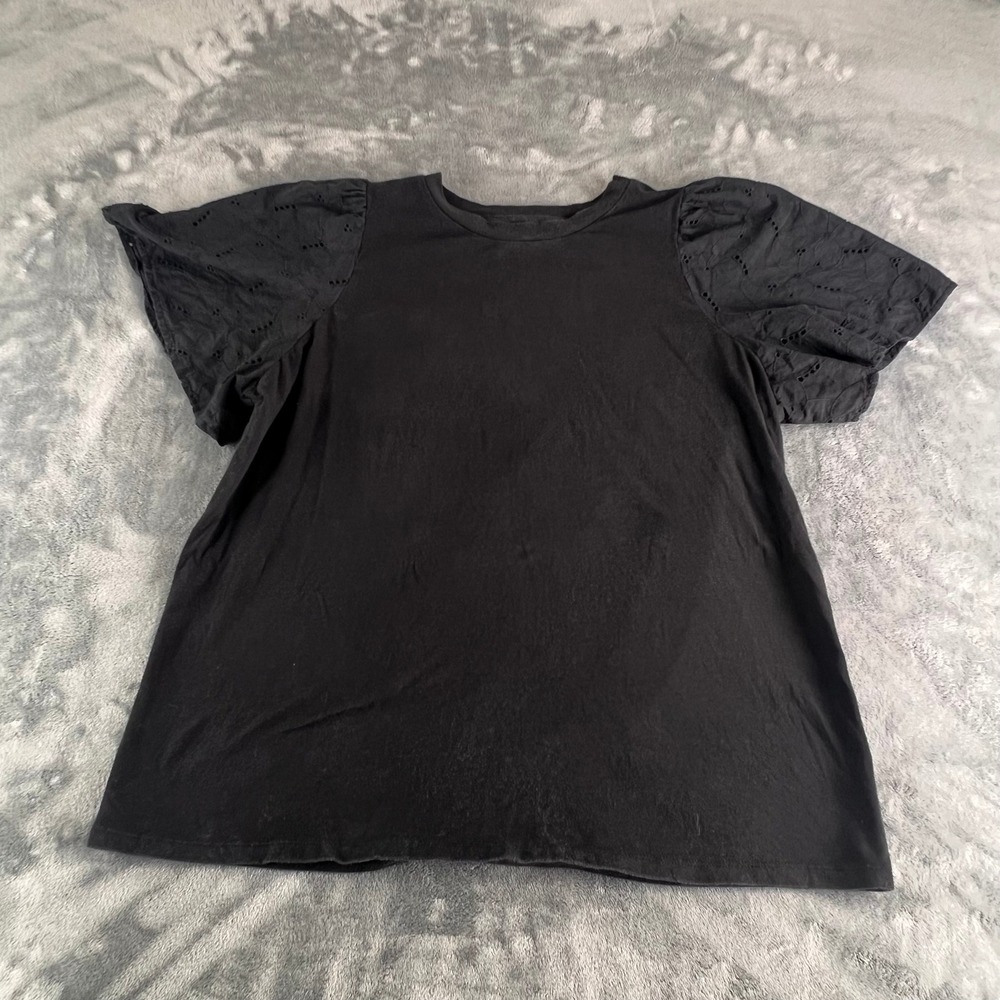 A New Day Black Eyelet Puff Sleeve Knit Top Crew Neck Large
